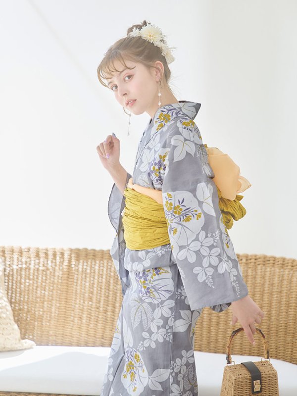 画像6: 【即日発送】グレー×フラワー浴衣  【浴衣３点セット 浴衣/帯/下駄】[YMT]