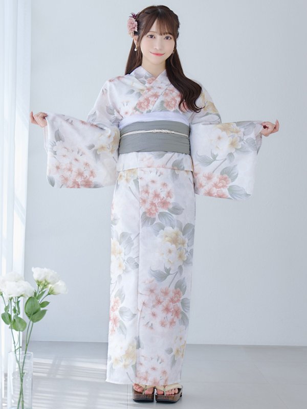 画像4: 【浴衣セール！】【即日発送】ホワイトベージュ紫陽花浴衣  【浴衣３点セット 浴衣/帯/下駄】[YMT]