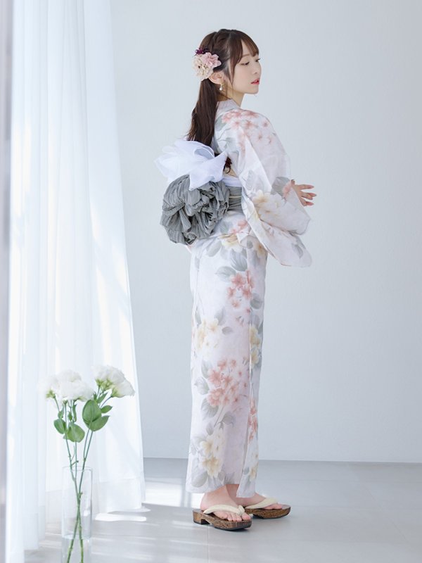 画像6: 【浴衣セール！】【即日発送】ホワイトベージュ紫陽花浴衣  【浴衣３点セット 浴衣/帯/下駄】[YMT]