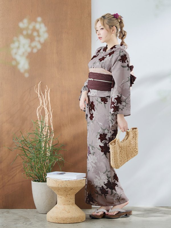画像10: 【即日発送】ブラウンパープルリリー浴衣  【浴衣３点セット 浴衣/帯/下駄】[YMT]