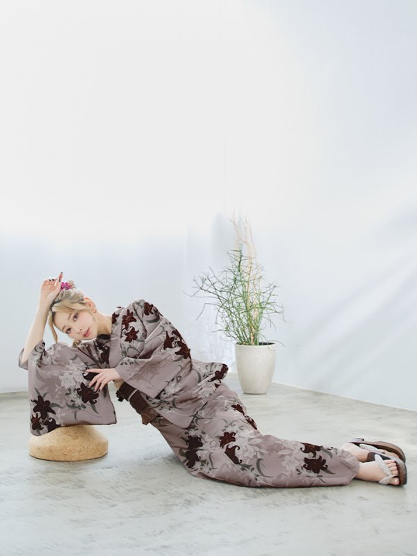 画像12: 【即日発送】ブラウンパープルリリー浴衣  【浴衣３点セット 浴衣/帯/下駄】[YMT]