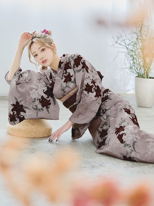 画像13: 【即日発送】ブラウンパープルリリー浴衣  【浴衣３点セット 浴衣/帯/下駄】[YMT]