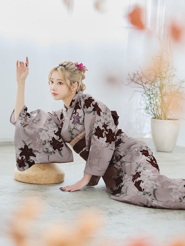 画像15: 【即日発送】ブラウンパープルリリー浴衣  【浴衣３点セット 浴衣/帯/下駄】[YMT]