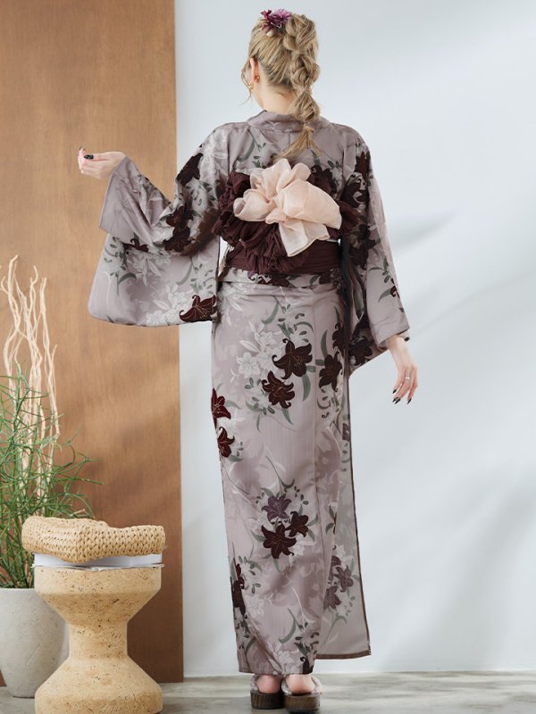 画像18: 【即日発送】ブラウンパープルリリー浴衣  【浴衣３点セット 浴衣/帯/下駄】[YMT]