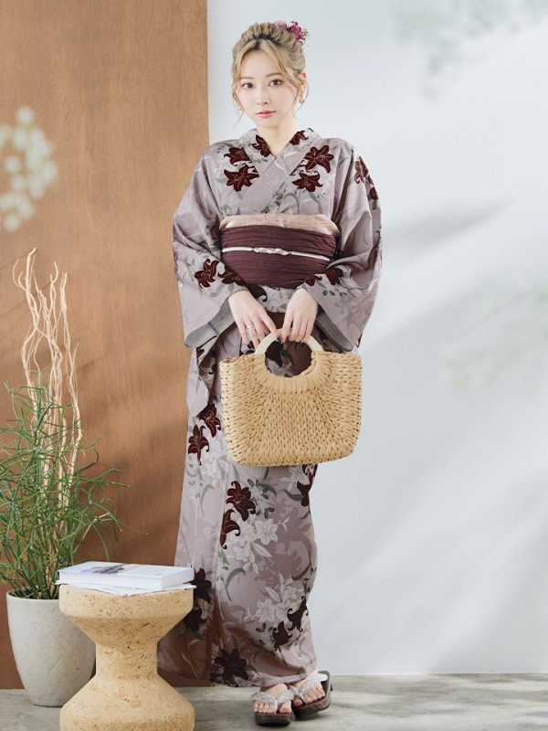 画像4: 【即日発送】ブラウンパープルリリー浴衣  【浴衣３点セット 浴衣/帯/下駄】[YMT]