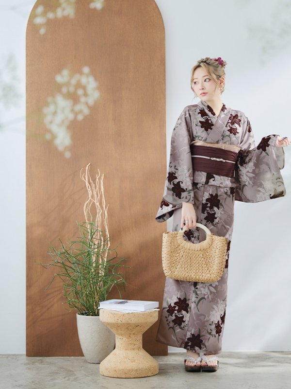 画像6: 【即日発送】ブラウンパープルリリー浴衣  【浴衣３点セット 浴衣/帯/下駄】[YMT]