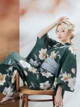 【即日発送】ディープグリーン×イエローフラワー浴衣  【浴衣３点セット 浴衣/帯/下駄】[OF04]