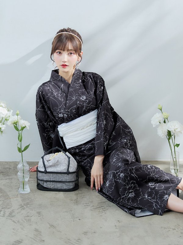 画像11: 【即日発送】ブラック×線画フラワー浴衣  【浴衣３点セット 浴衣/帯/下駄】[YMT]