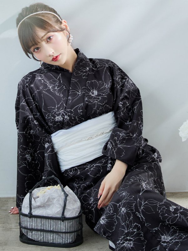画像14: 【即日発送】ブラック×線画フラワー浴衣  【浴衣３点セット 浴衣/帯/下駄】[YMT]