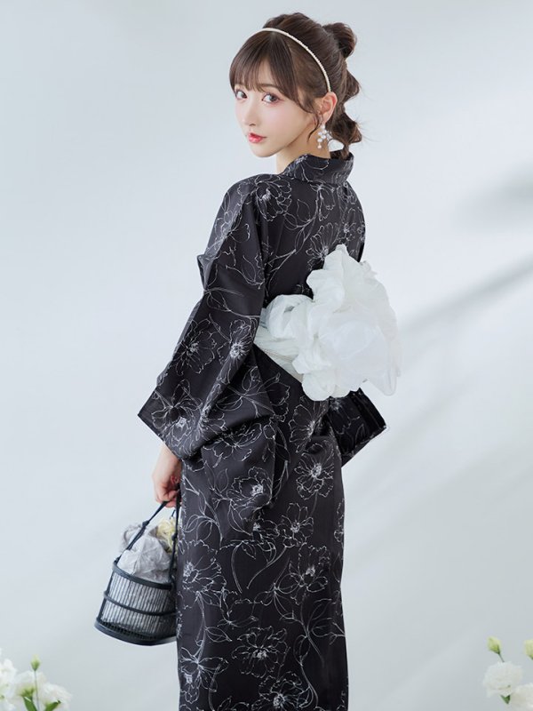 画像16: 【即日発送】ブラック×線画フラワー浴衣  【浴衣３点セット 浴衣/帯/下駄】[YMT]