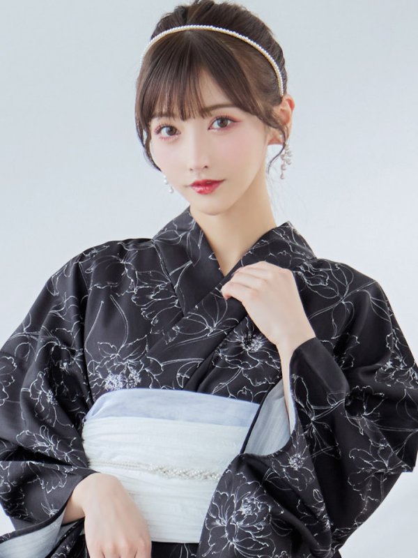 画像18: 【即日発送】ブラック×線画フラワー浴衣  【浴衣３点セット 浴衣/帯/下駄】[YMT]