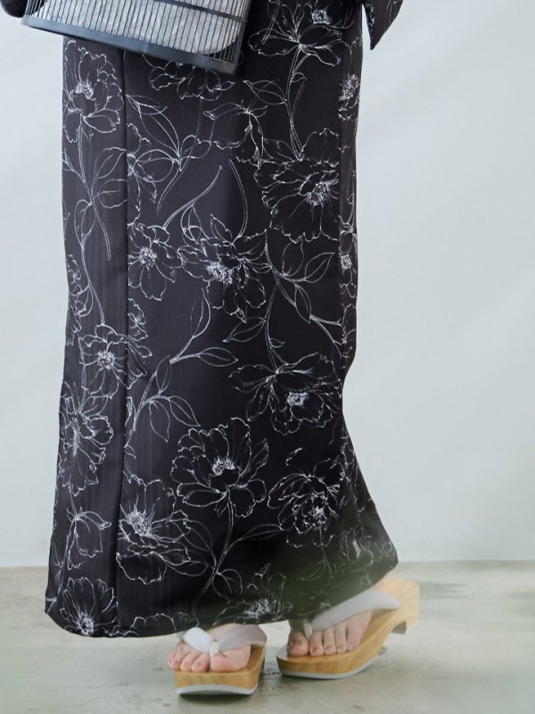 画像19: 【即日発送】ブラック×線画フラワー浴衣  【浴衣３点セット 浴衣/帯/下駄】[YMT]