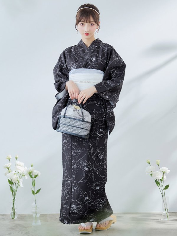 画像2: 【即日発送】ブラック×線画フラワー浴衣  【浴衣３点セット 浴衣/帯/下駄】OBI-siwa-202-ok-6-W / HIMO-900-yn-5-IV / HEKO-800-sb-5-W / YA-1079-kj-8-W / GETA-03-ok-2-P[YMT]