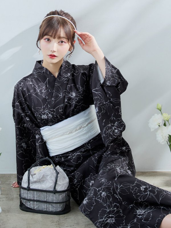 画像3: 【即日発送】ブラック×線画フラワー浴衣  【浴衣３点セット 浴衣/帯/下駄】[YMT]