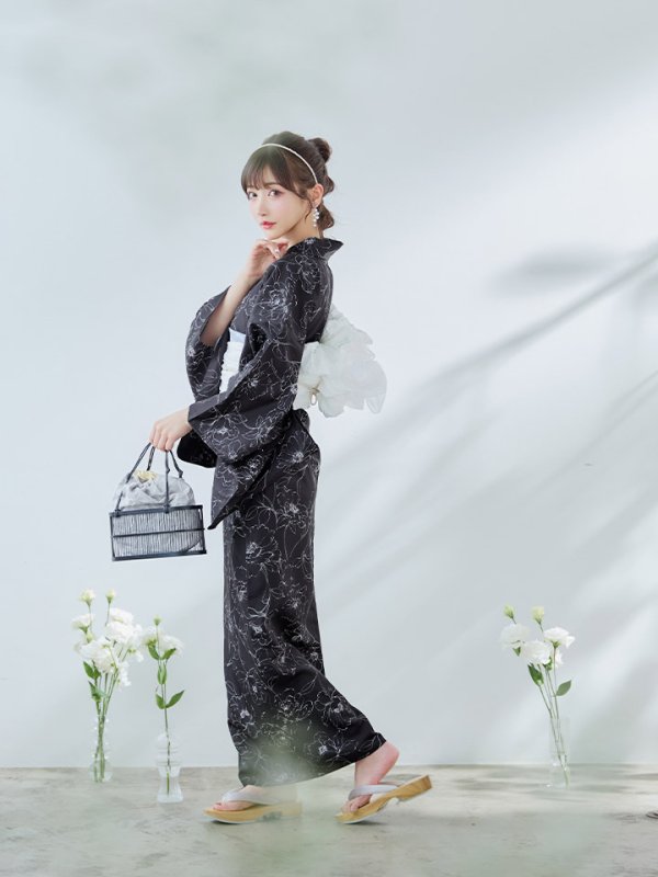 画像5: 【即日発送】ブラック×線画フラワー浴衣  【浴衣３点セット 浴衣/帯/下駄】[YMT]