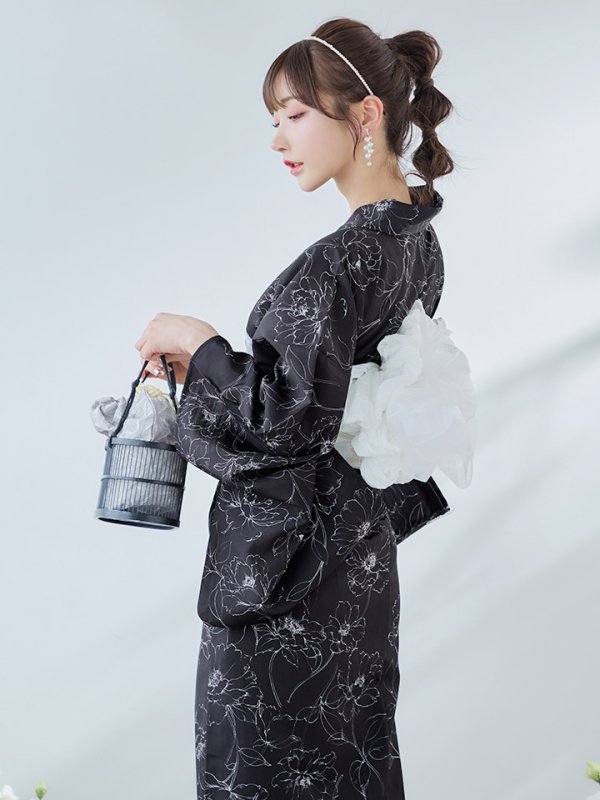 画像6: 【即日発送】ブラック×線画フラワー浴衣  【浴衣３点セット 浴衣/帯/下駄】[YMT]