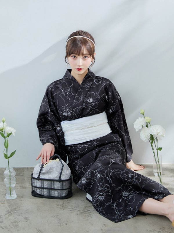 画像7: 【即日発送】ブラック×線画フラワー浴衣  【浴衣３点セット 浴衣/帯/下駄】[YMT]
