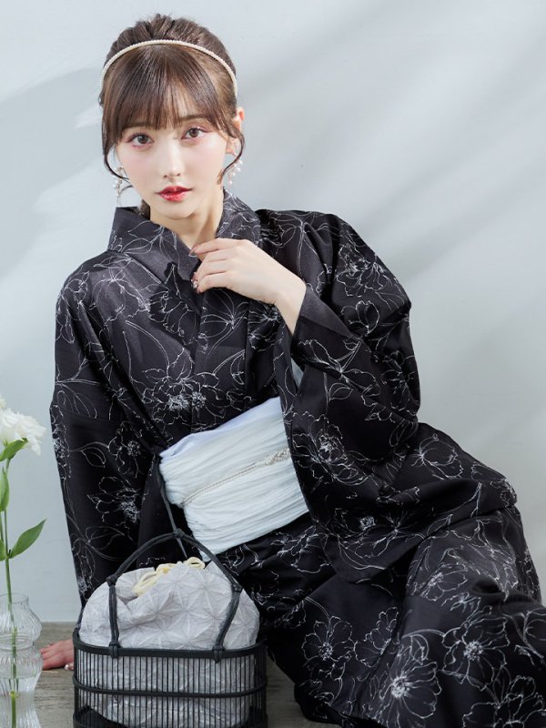 画像8: 【即日発送】ブラック×線画フラワー浴衣  【浴衣３点セット 浴衣/帯/下駄】[YMT]