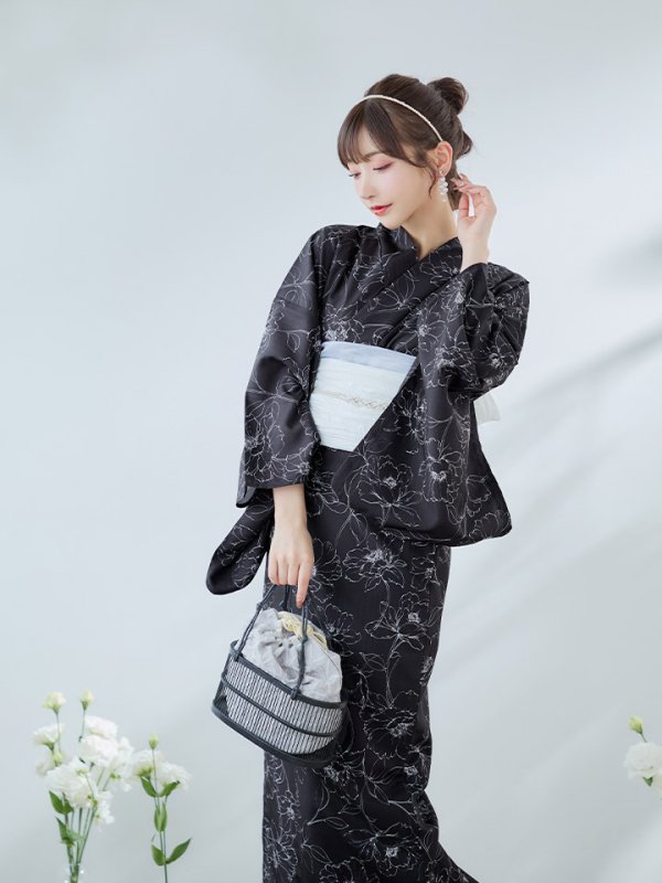 画像9: 【即日発送】ブラック×線画フラワー浴衣  【浴衣３点セット 浴衣/帯/下駄】[YMT]