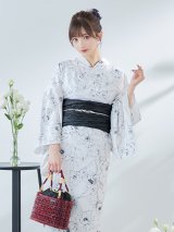 【即日発送】ホワイト×線画フラワー浴衣  【浴衣３点セット 浴衣/帯/下駄】OBI-siwa-202-ok-11-B / HIMO-900-yn-1-B / HEKO-800-sb-5-W / YA-73-kn-GY / GETA-03-ok-2-P[YMT]