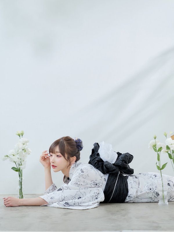 画像11: 【即日発送】ホワイト×線画フラワー浴衣  【浴衣３点セット 浴衣/帯/下駄】[YMT]