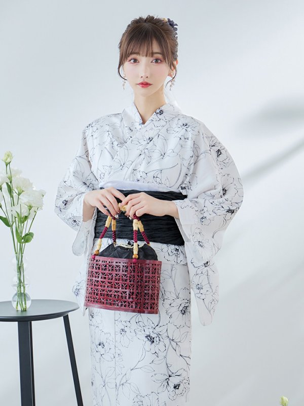 画像12: 【即日発送】ホワイト×線画フラワー浴衣  【浴衣３点セット 浴衣/帯/下駄】[YMT]