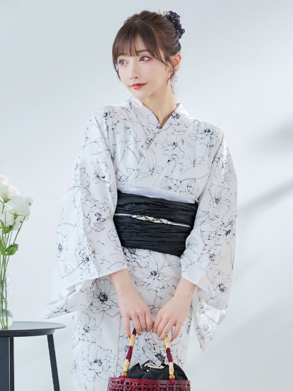 画像9: 【即日発送】ホワイト×線画フラワー浴衣  【浴衣３点セット 浴衣/帯/下駄】[YMT]