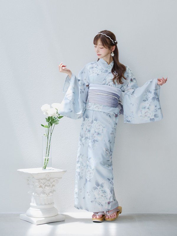 画像12: 【即日発送！】クラシカルローズブルー浴衣  【浴衣３点セット 浴衣/帯/下駄】[YMT]