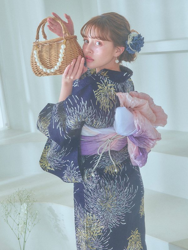 画像12: 【即日発送！】夜空×花火キラキラ浴衣  【浴衣３点セット 浴衣/帯/下駄】[OF04]