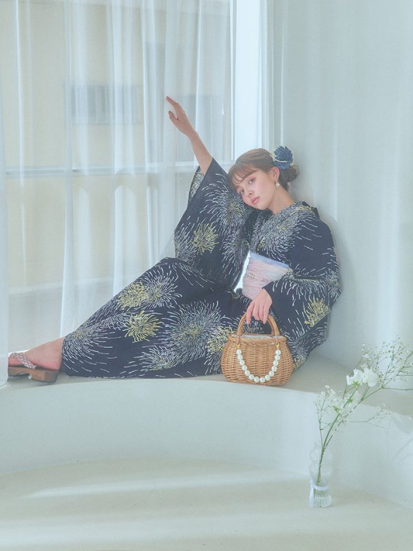 画像13: 【即日発送！】夜空×花火キラキラ浴衣  【浴衣３点セット 浴衣/帯/下駄】[OF04]