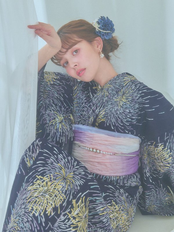 画像3: 【即日発送！】夜空×花火キラキラ浴衣  【浴衣３点セット 浴衣/帯/下駄】[OF04]