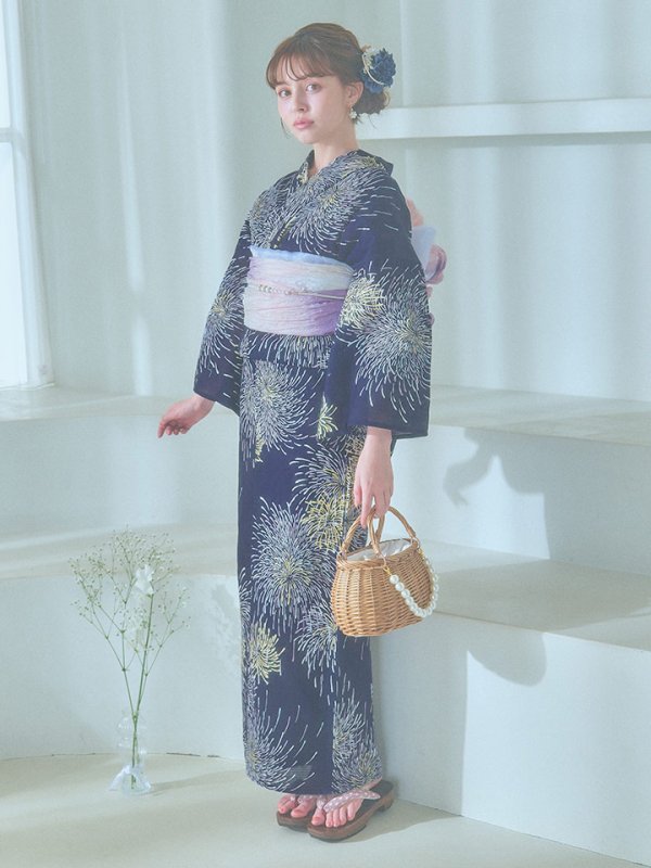 画像4: 【即日発送！】夜空×花火キラキラ浴衣  【浴衣３点セット 浴衣/帯/下駄】[OF04]