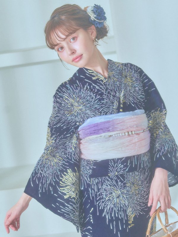 画像5: 【即日発送！】夜空×花火キラキラ浴衣  【浴衣３点セット 浴衣/帯/下駄】[OF04]