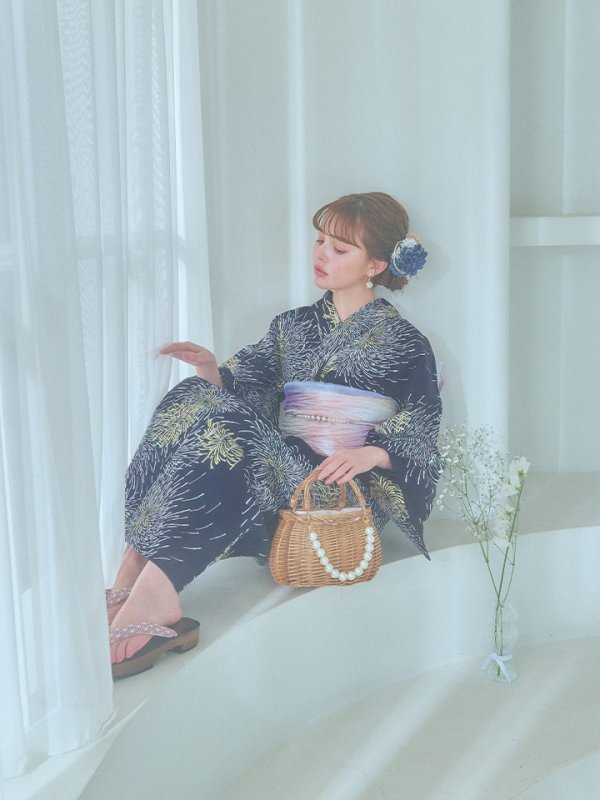 画像6: 【即日発送！】夜空×花火キラキラ浴衣  【浴衣３点セット 浴衣/帯/下駄】[OF04]