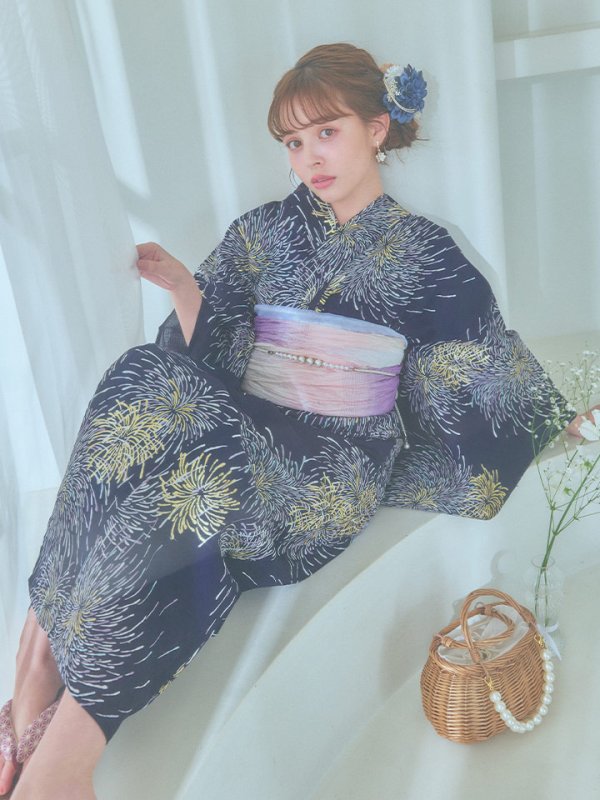 画像7: 【即日発送！】夜空×花火キラキラ浴衣  【浴衣３点セット 浴衣/帯/下駄】[OF04]