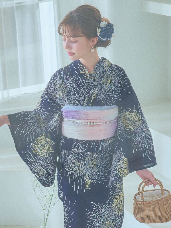 画像9: 【即日発送！】夜空×花火キラキラ浴衣  【浴衣３点セット 浴衣/帯/下駄】[OF04]