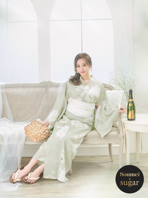 画像1: 【即日発送】くすみグリーン×ホワイトフラワー浴衣 OBI-siwa-202-ok-5-IV  / HIMO-900-yn-5-IV / HEKO-800-sb-5-W / YA-81-kn-W / YA-68-kn-YEBE / GETA-02-ok-2-IV/ [YMT]