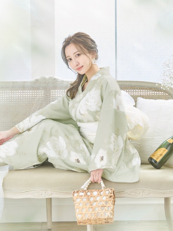 画像10: 【即日発送】くすみグリーン×ホワイトフラワー浴衣  【浴衣３点セット 浴衣/帯/下駄】[YMT]