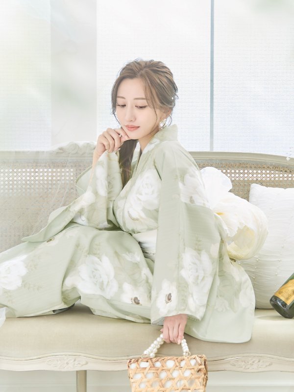 画像12: 【即日発送】くすみグリーン×ホワイトフラワー浴衣  【浴衣３点セット 浴衣/帯/下駄】[YMT]