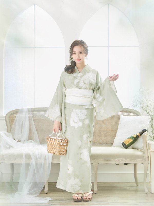 画像16: 【即日発送】くすみグリーン×ホワイトフラワー浴衣  【浴衣３点セット 浴衣/帯/下駄】[YMT]