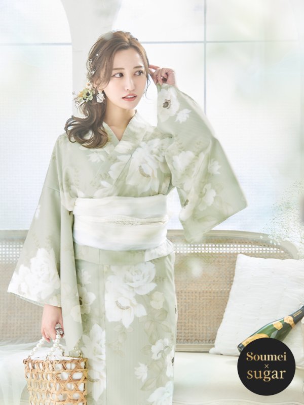 画像2: 【即日発送】くすみグリーン×ホワイトフラワー浴衣 OBI-siwa-202-ok-5-IV  / HIMO-900-yn-5-IV / HEKO-800-sb-5-W / YA-81-kn-W / YA-68-kn-YEBE / GETA-02-ok-2-IV/ [YMT]