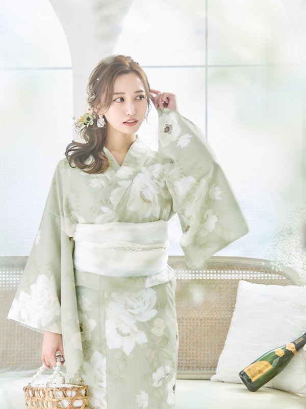 画像21: 【即日発送】くすみグリーン×ホワイトフラワー浴衣  【浴衣３点セット 浴衣/帯/下駄】[YMT]