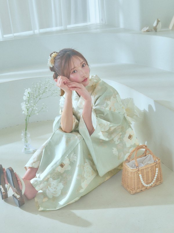 画像10: 【即日発送】くすみグリーン×ホワイトフラワー浴衣  【浴衣３点セット 浴衣/帯/下駄】[YMT]