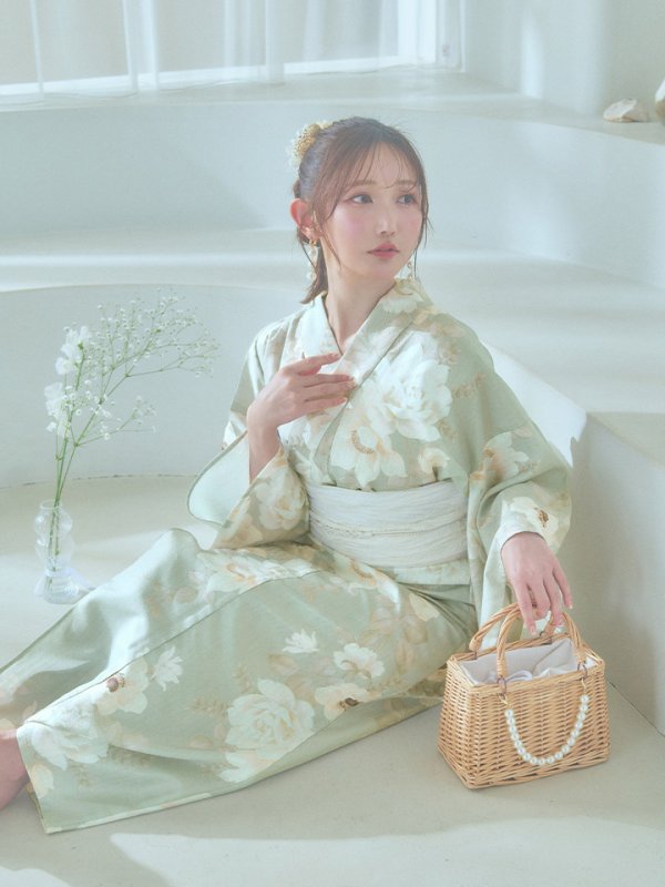 画像11: 【即日発送】くすみグリーン×ホワイトフラワー浴衣  【浴衣３点セット 浴衣/帯/下駄】[YMT]
