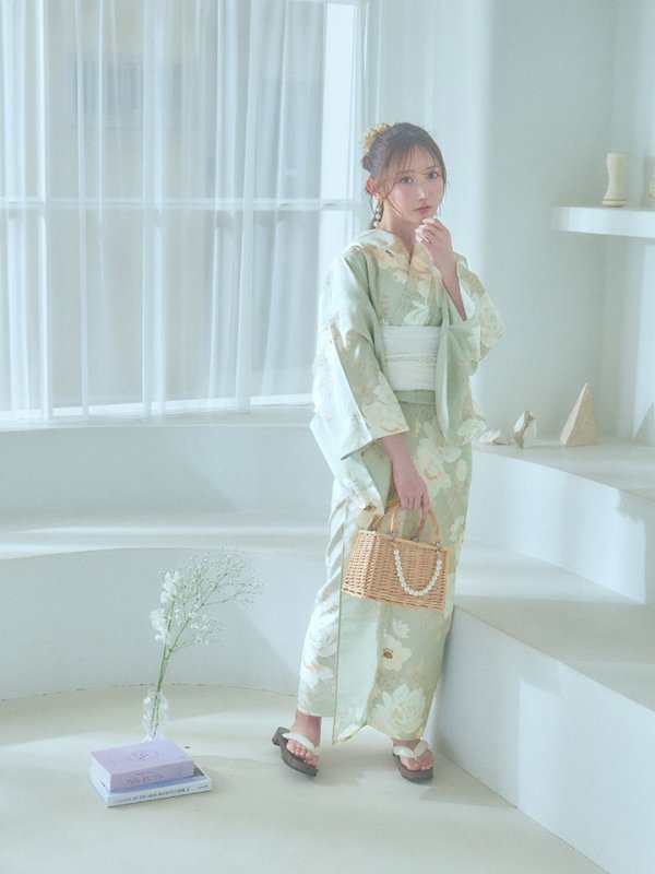 画像12: 【即日発送】くすみグリーン×ホワイトフラワー浴衣  【浴衣３点セット 浴衣/帯/下駄】[YMT]