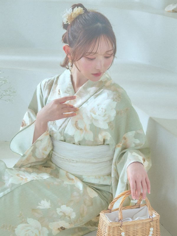 画像13: 【即日発送】くすみグリーン×ホワイトフラワー浴衣  【浴衣３点セット 浴衣/帯/下駄】[YMT]
