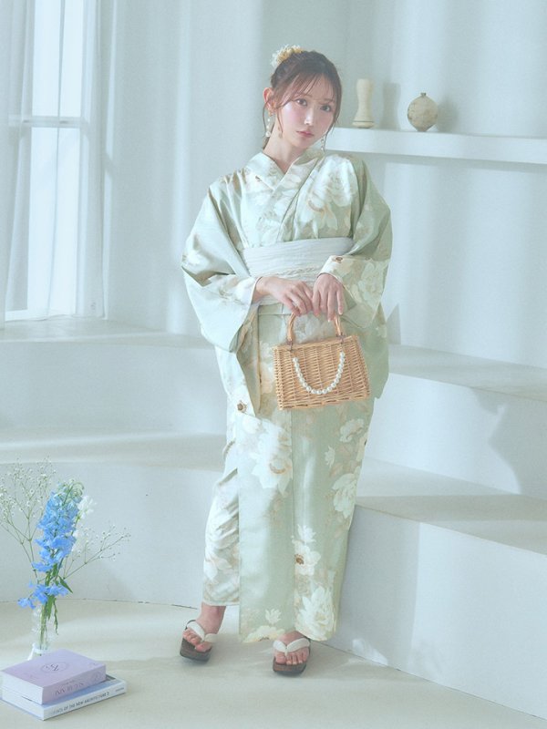 画像15: 【即日発送】くすみグリーン×ホワイトフラワー浴衣  【浴衣３点セット 浴衣/帯/下駄】[YMT]