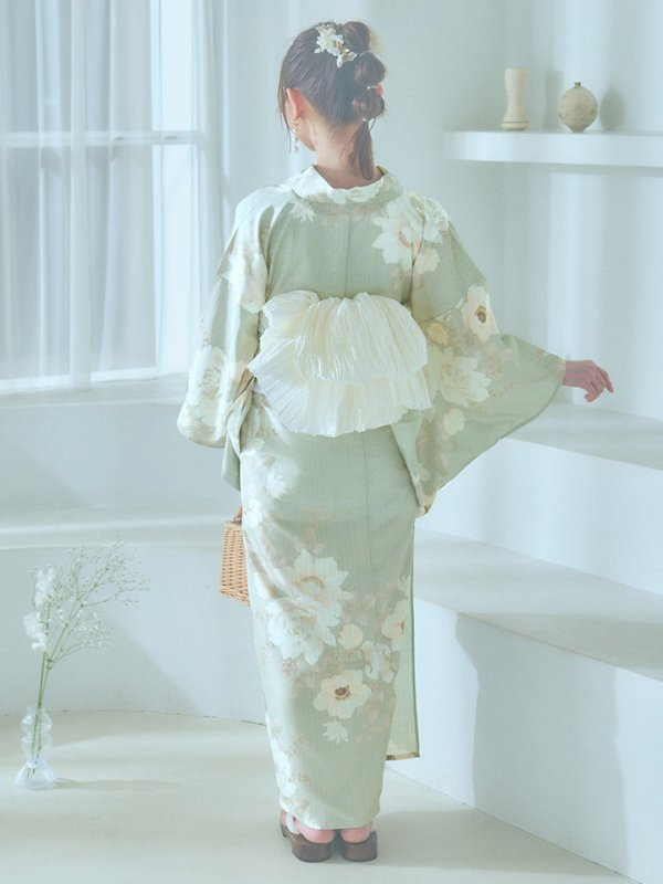 画像18: 【即日発送】くすみグリーン×ホワイトフラワー浴衣  【浴衣３点セット 浴衣/帯/下駄】[YMT]