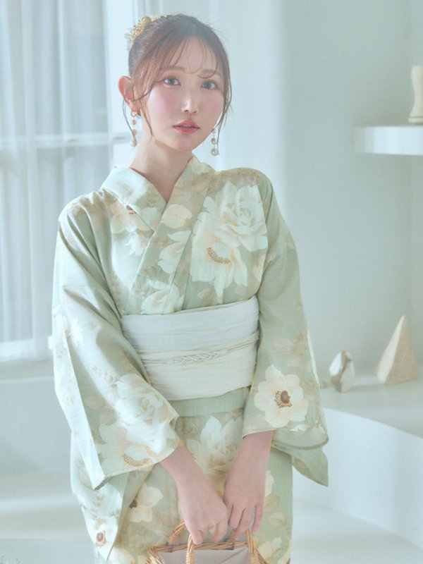 画像8: 【即日発送】くすみグリーン×ホワイトフラワー浴衣  【浴衣３点セット 浴衣/帯/下駄】[YMT]