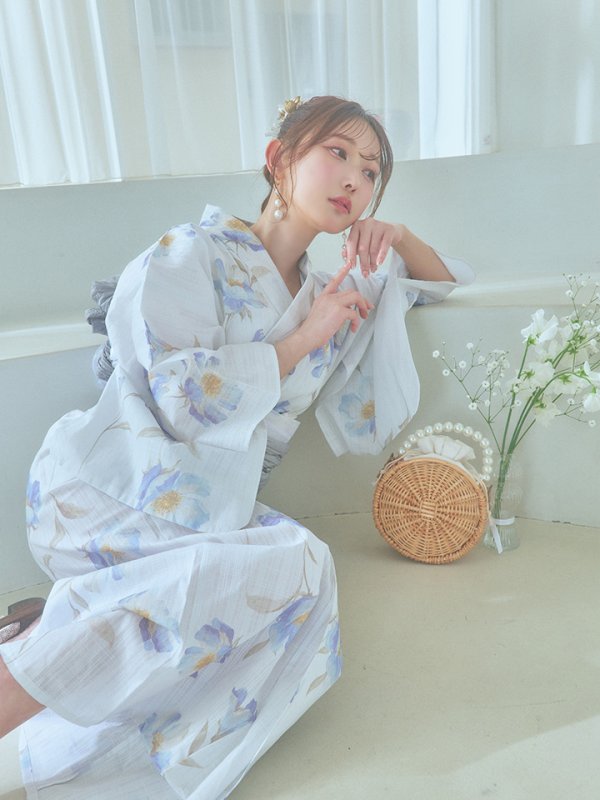 画像16: 【浴衣セール！】【即日発送！】ホワイト×アイシーフラワー浴衣  【浴衣３点セット 浴衣/帯/下駄】[YMT]